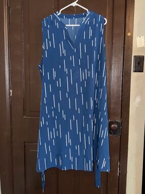 Blue Abstract Print Sleeveless Tie Waist Dress Size XL/2X